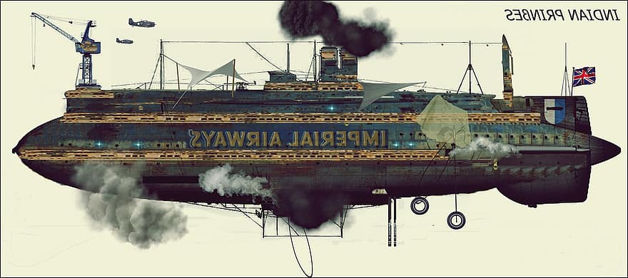 luchtschip, steampunk, fantasie, Dieselpunk, Atompunk, Science fiction, industrie, nautisch schip, Verzenden, vervoer, industrieel schip