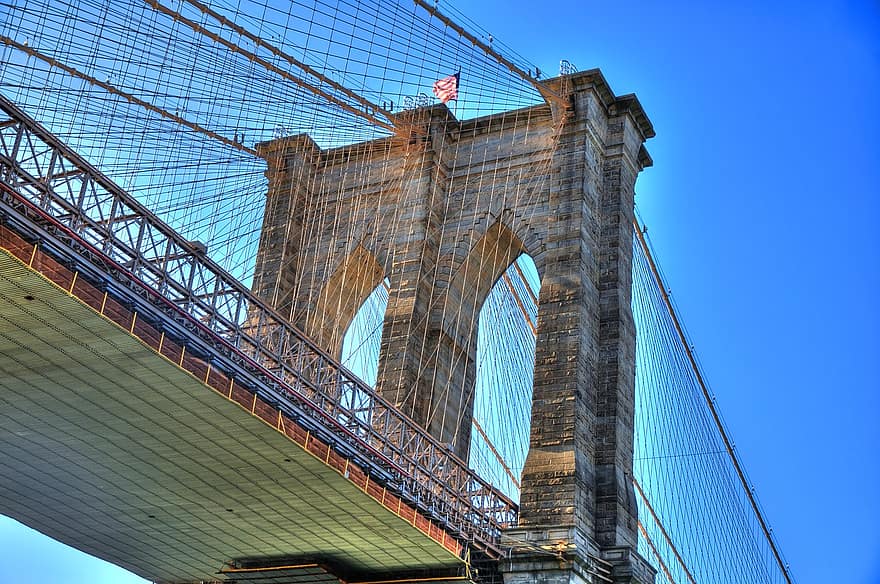 cầu, xây dựng, kết cấu, cáp, cầu Brooklyn, Người Mỹ, brooklyn, thành phố, cờ, nằm ngang, nyc