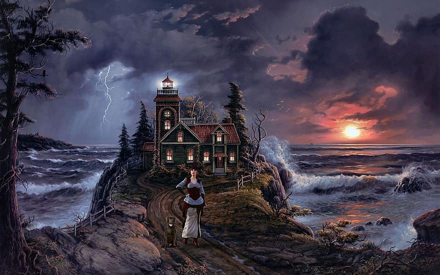 hus, kvinne, hund, pathway, kyst, hav, storm, torden, fantasi, bakgrunn
