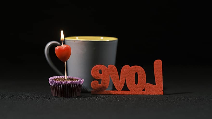 kava, cupcake, Valentino diena, gaivinimas, užkandis, arbata, žvakė, meilė, romantika, šventė, liepsna