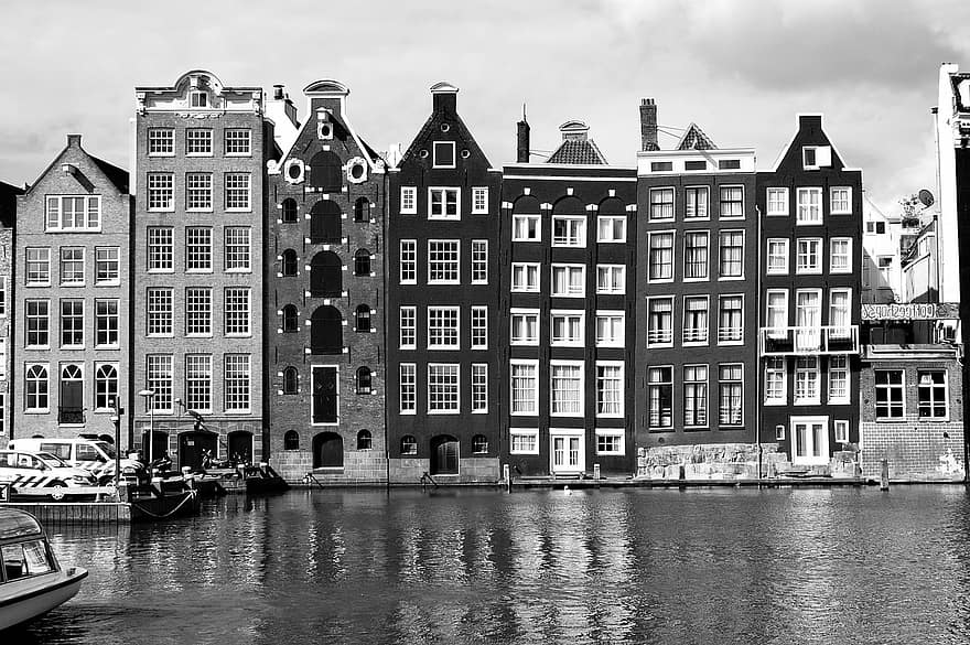 อัมสเตอร์ดัม, ประเทศเนเธอร์แลนด์, เนเธอร์แลนด์, ล่องเรือ, ล่องเรือแม่น้ำ, แม่น้ำ, อาคาร, นัวร์, ดำและขาว, มืด, เมือง