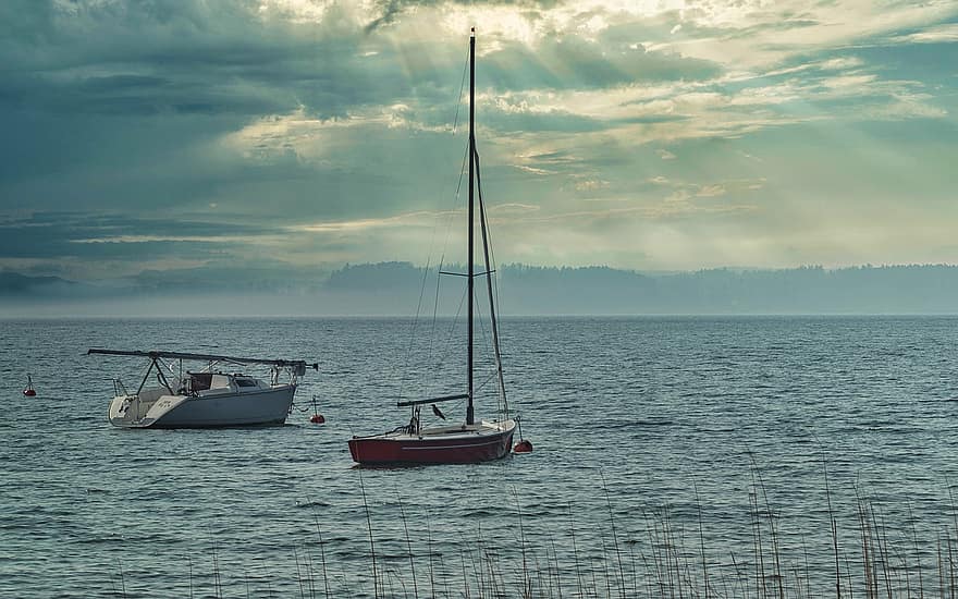 Boats, Lake, Sunset, Clouds, Dusk, Sunlight, Nature, Anchorage, Chiemsee, nautical vessel, sailboat