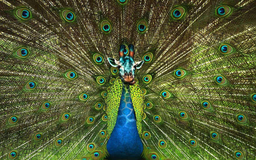 pavo real, jirafa, animal, plumaje, photoshop, manipulación de foto, edición de imagen, fantasía, plumas de pavo real, ojo de pavo real, gracioso