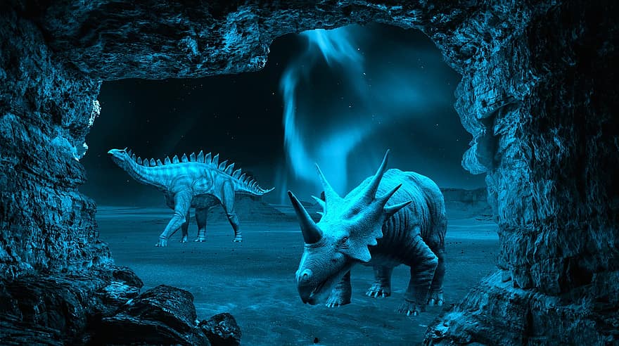 dinosaurier, natt, grotta, fantasi, Styracosaurus, stegosaurus, djur, reptiler, utdöd, förhistorisk, jura