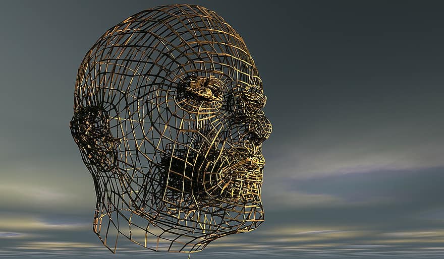 głowa, ludzka głowa, pół profil, portret, widok z boku, siatka druciana, Model kratowy, człowiek, mężczyzna, czaszka, oświetlenie