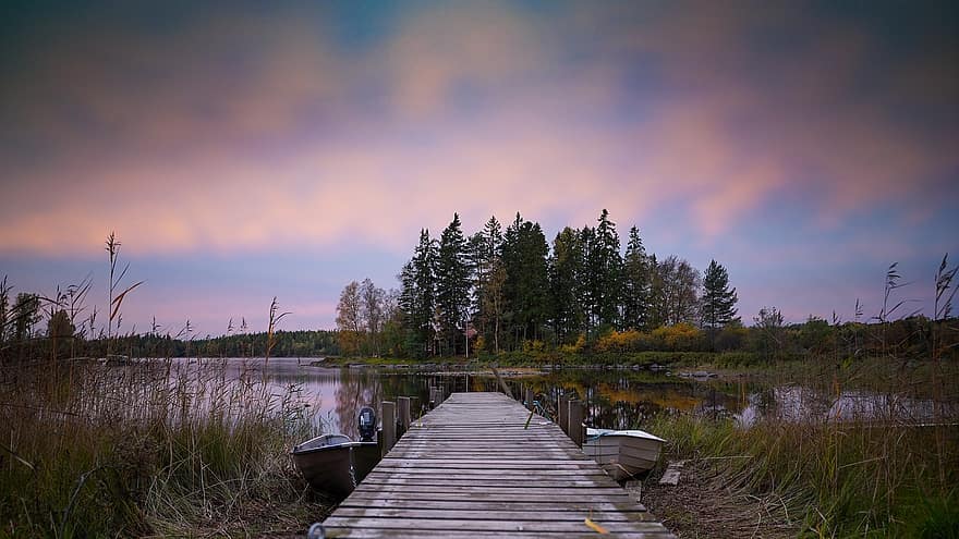embarcadero, lago, Suecia, puesta del sol, puesta de sol, naturaleza