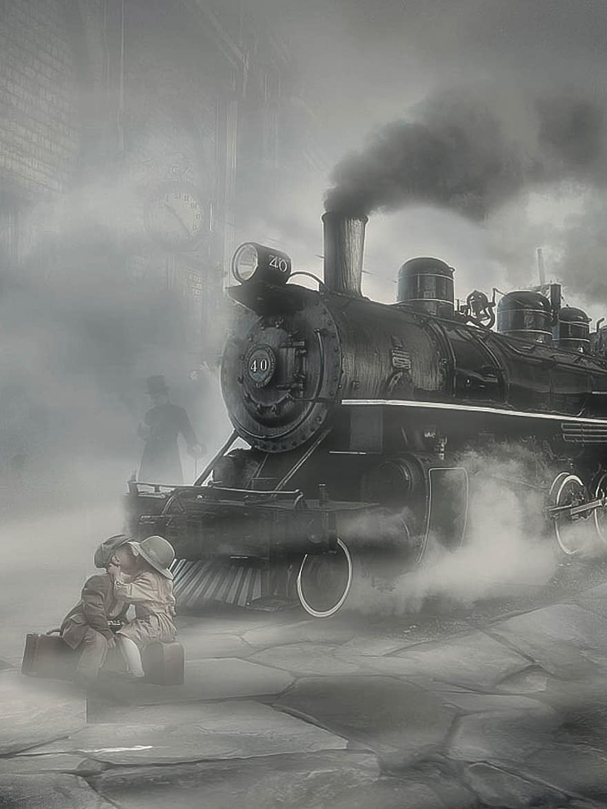 lokomotiv, tåg, tågplattform, ånga, rök, fysisk struktur, ånglok, gammal, industri, järnvägsspår, transport