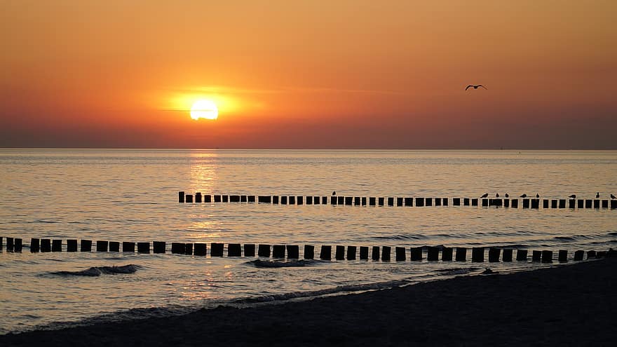 tramonto, spiaggia, mare Baltico, mare, acqua, natura, sfondo, Alba, crepuscolo, sole, luce del sole