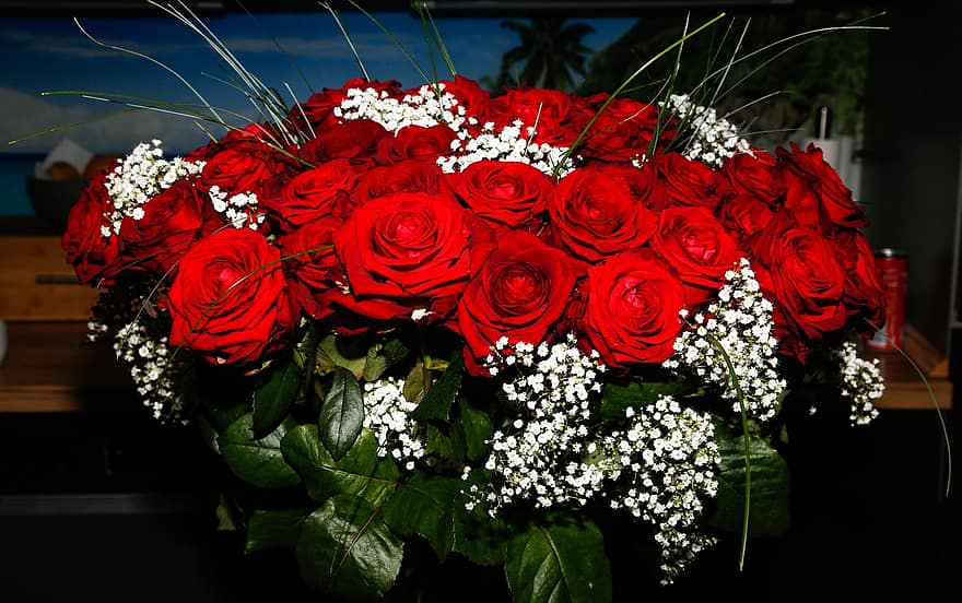 Rosen, Blumen, Strauß, Dekoration, Säuglingsatem, rote Rosen, rote Blumen, weiße Blumen, blühen, Blätter, Pflanze