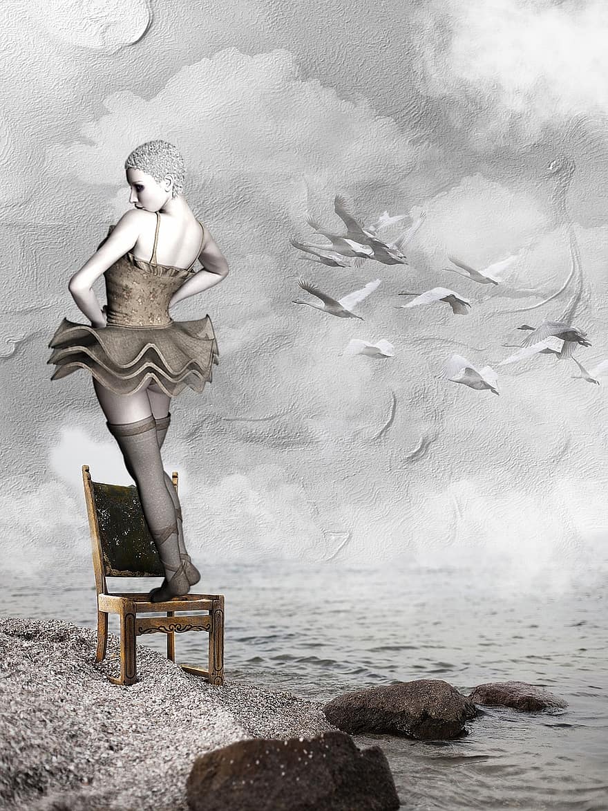 kobieta, krzesło, morze, kamienie, woda, nostalgia, ptaki, łabędzie, niebo, chmury
