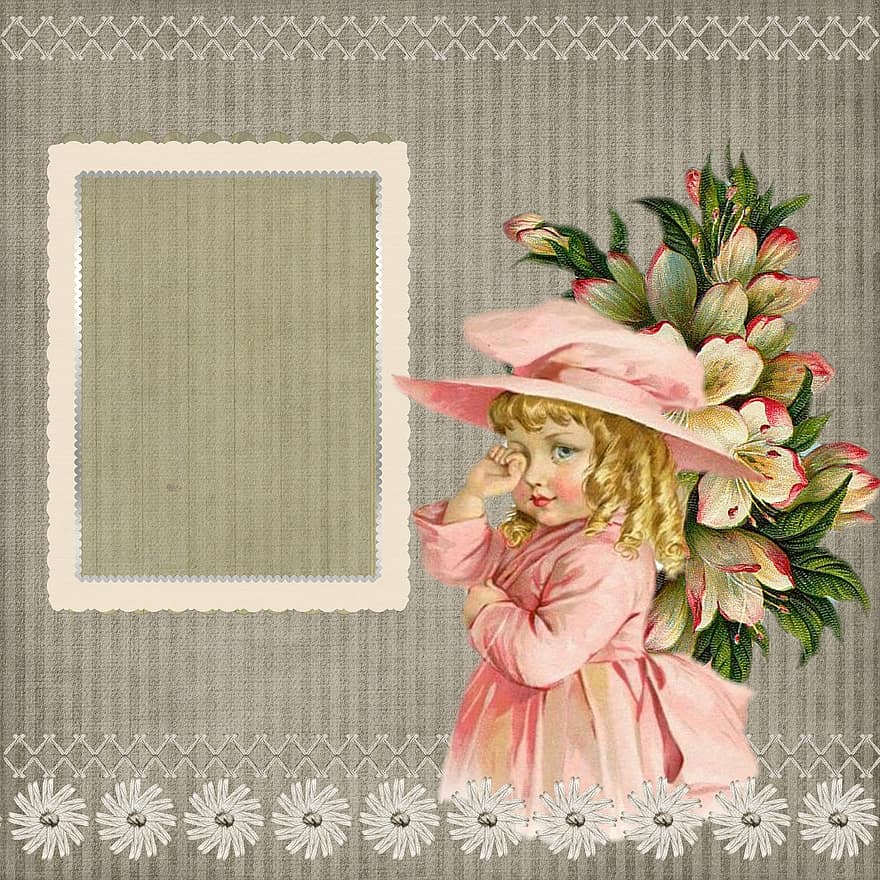 Background, Frame, Vintage, Little Girl, Pink, Hat, Art, Collage, Digital Art, Flower, Hair