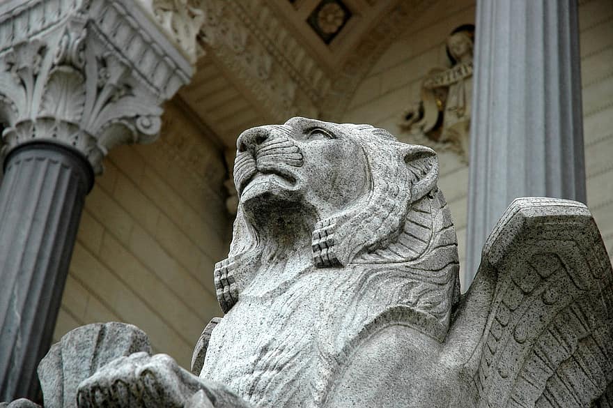 lejon, staty, Fourvière, skulptur, monument, majestätisk, griffon, basilika, lyon, frankrike