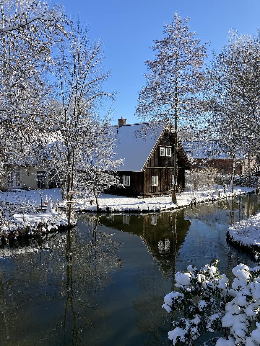 川、村、冬、家、建物、雪、霜、コールド、反射、水、木