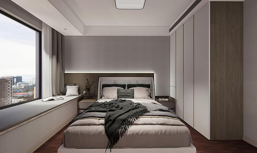 Modernes Schlafzimmerdesign, Moderne Schlafzimmereinrichtung, Innenarchitektur