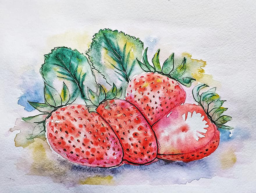 jordgubbe, vattenfärg, figur, målning, sommar, välsmakande, skörda, trädgårdsarbete, bär, frukt