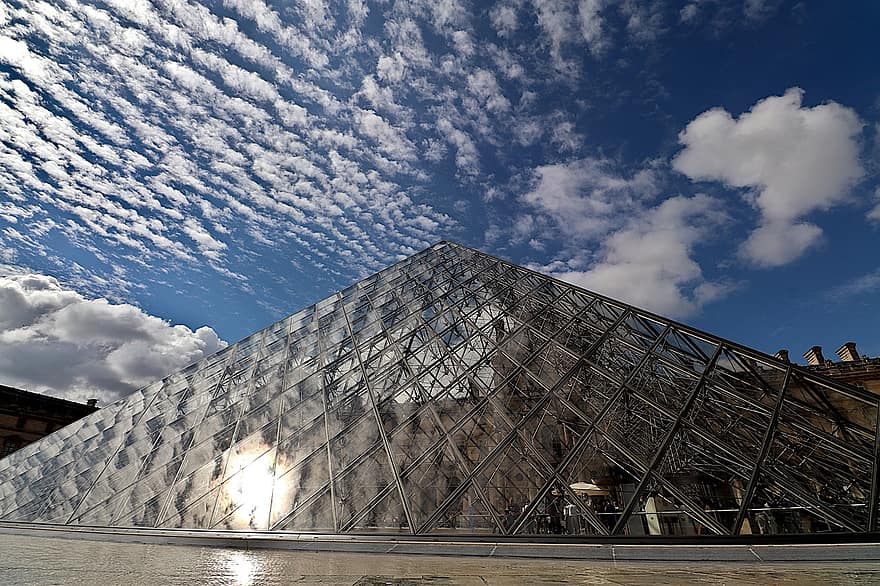 Pyramide des Louvre, Louvre Museum, Paris, Frankreich, Eintrag, Abdeckung, zeitgenössische Architektur, Glas, stehlen, Struktur, Textur