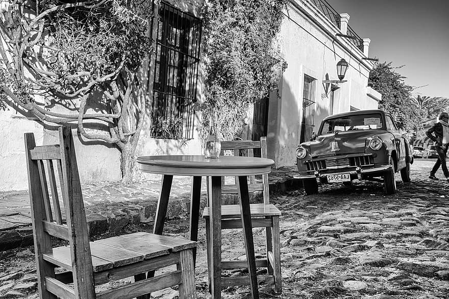 auto, velho, colonial, colônia, Uruguai, pedras, casas, vintage, carro, antiquado, Preto e branco