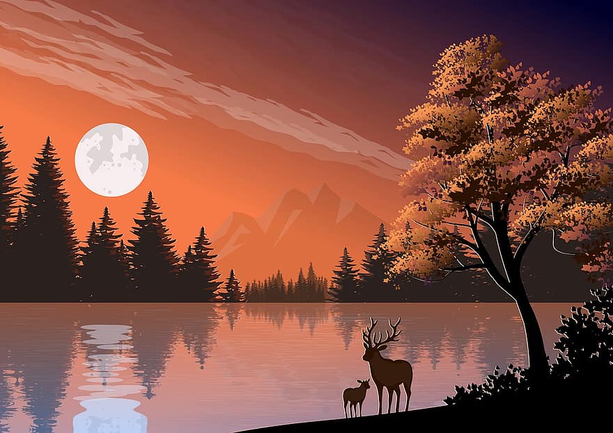 ilustrare, fundal, peisaj, natură, lună, lumina lunii, noapte, mistic, nori, apă, lac
