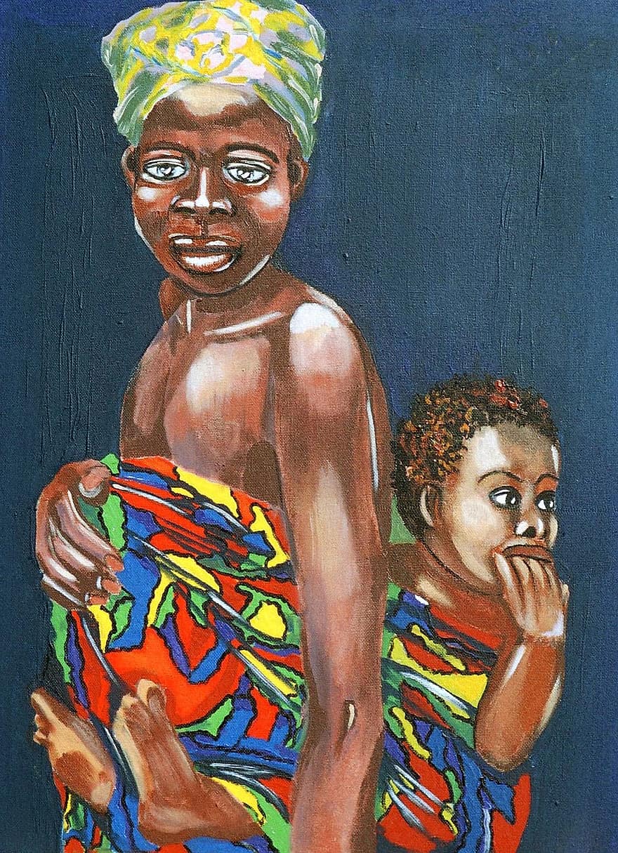 Madre e hijo pintados, acrílico, artístico, negrita