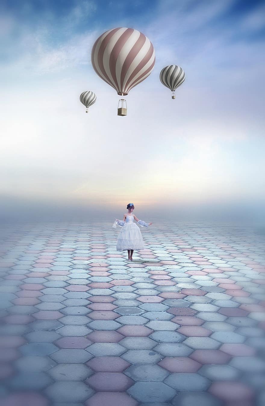 fantasie, meisje, hete lucht ballonnen, heteluchtballon rijden, kleine meid, surrealistische, fotomontage