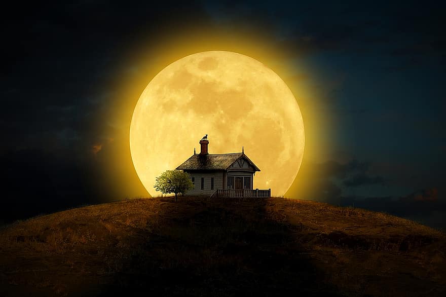 maan, volle maan, huis, landschap
