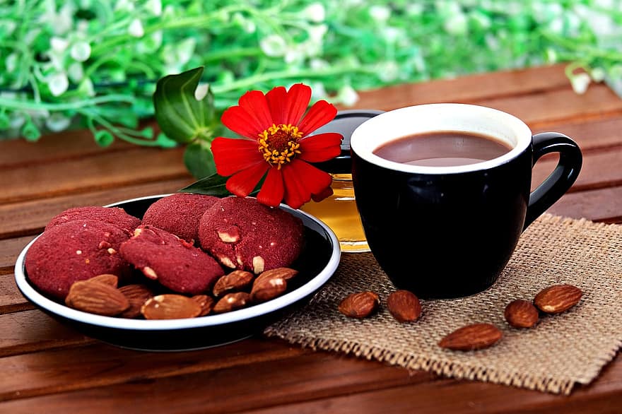 varm choklad, småkakor, mellanmål, närbild, kaffe, dryck, trä, friskhet, tabell, blomma, mat