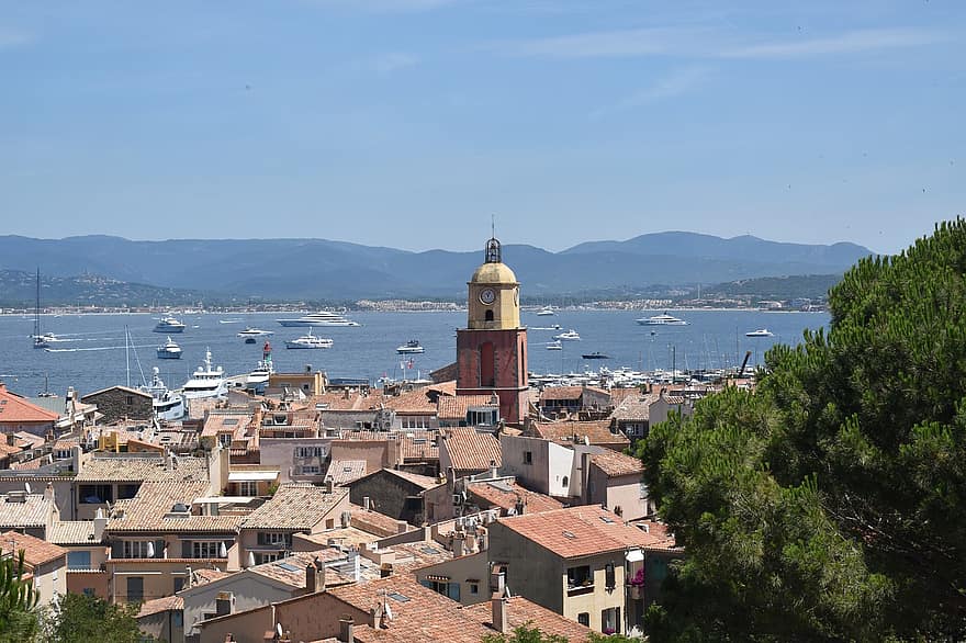 Cidade, costa, saint Tropez, França, prédios, telhados, Cidade antiga, torre sineira, Torre do Relógio, cidade, mar
