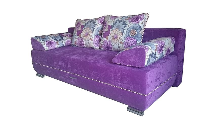 ソファー、綺麗な、側壁なし、枕、フラワーズ、紫の、布張りの家具、白色の背景、写真