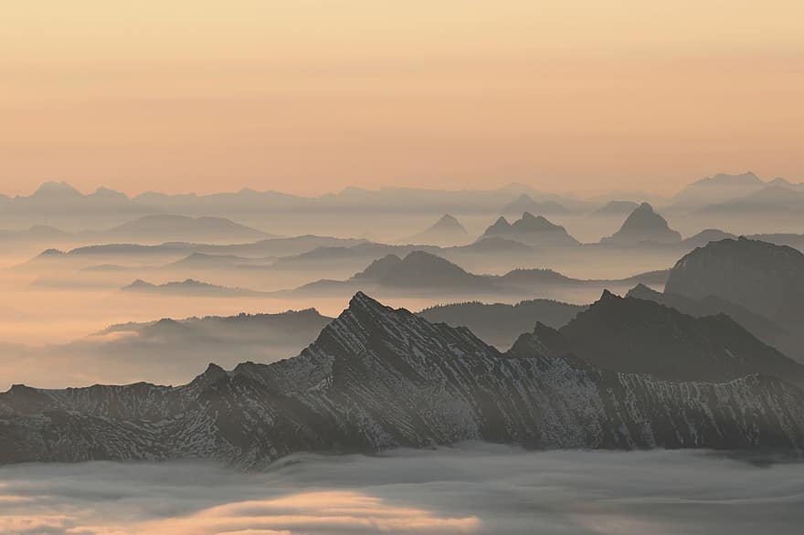 планини, мъгла, море от мъгла, selva marine, настроение, облаци, пейзаж, Швейцария, алпийски, залез