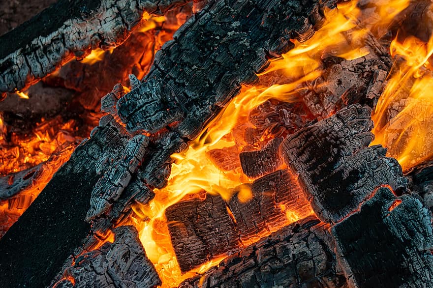 ild, træ, flammer, varme, gløder
