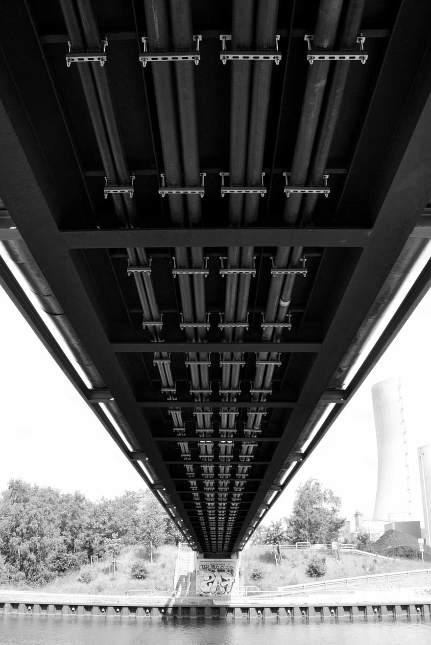 ponte, architettura, Riva del fiume, canale, moderno, industria, acciaio, struttura costruita, bianco e nero, metallo, in casa