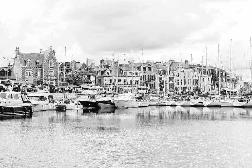 paysage, noir et blanc, Bretagne, Paimpol, Port, pêche, Marina, tourisme, recours, bateaux, architecture