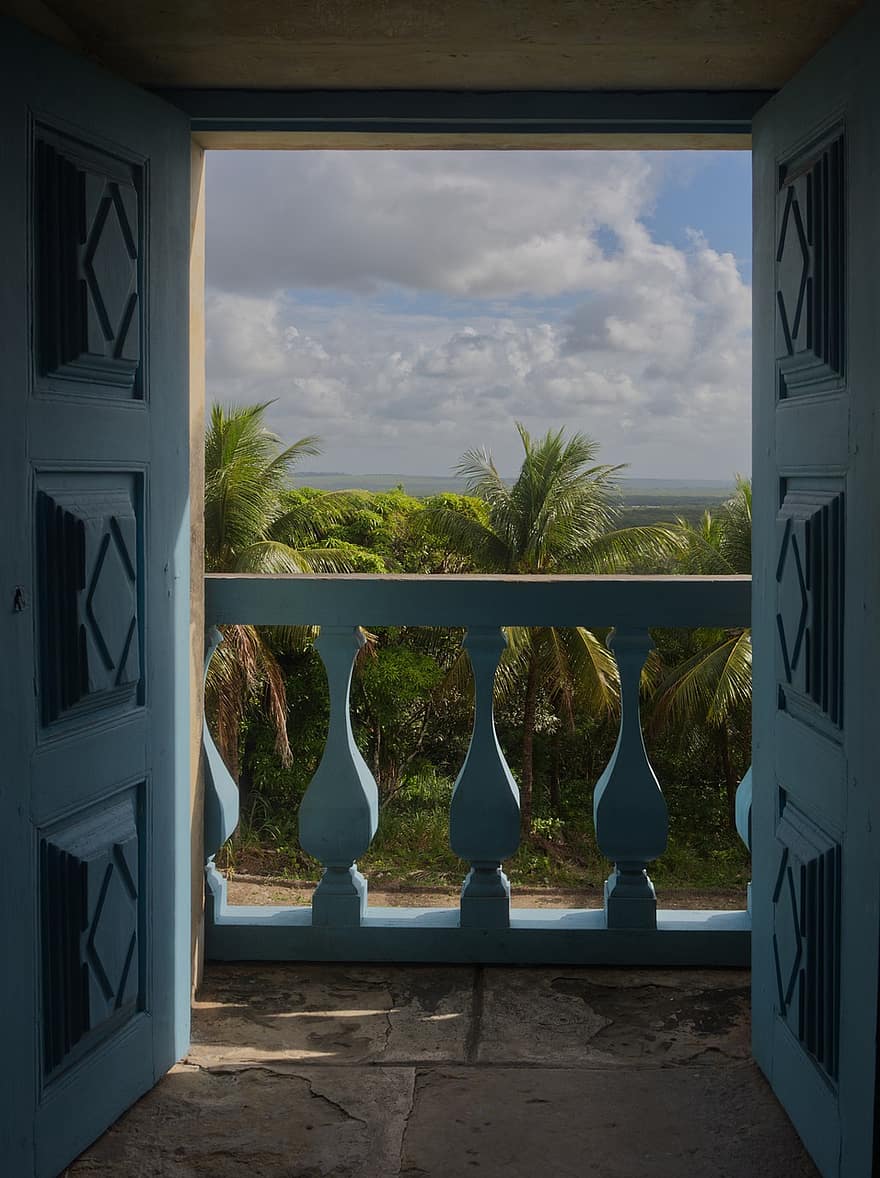 βεράντα, μπαλκόνι, ταράτσα, παράθυρο, αρχιτεκτονική, καλοκαίρι, ξύλο, μπλε, πράσινο χρώμα, γρασίδι, τοπίο