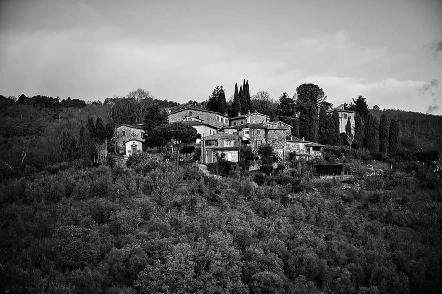 Biệt thự, cây, đồi núi, Hoàng hôn, điền trang, hoàng hôn, nông thôn, Via Delle Tavarnuzze, sự nổi tiếng, chianti, tuscany