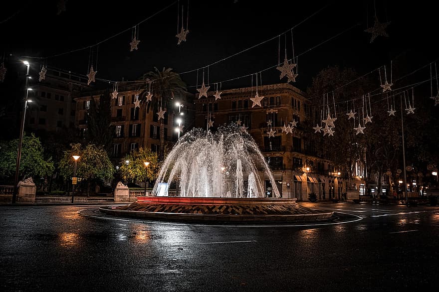 fontána, voda, historické centrum, Španělsko, světla