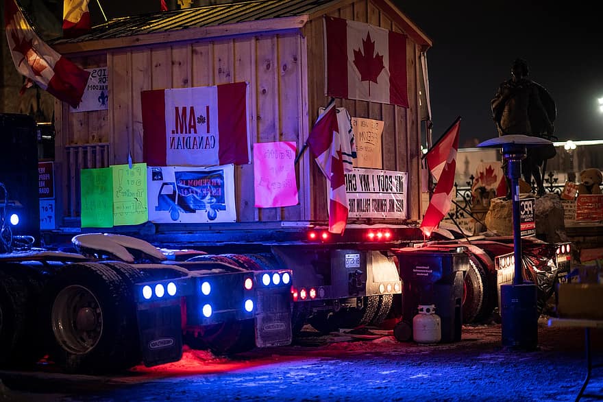 Lastwagen, Konvoi, Ottawa, dom Konvoi, Winter, Protest, dom, Demokratie, Kanada, Nacht-, Auto