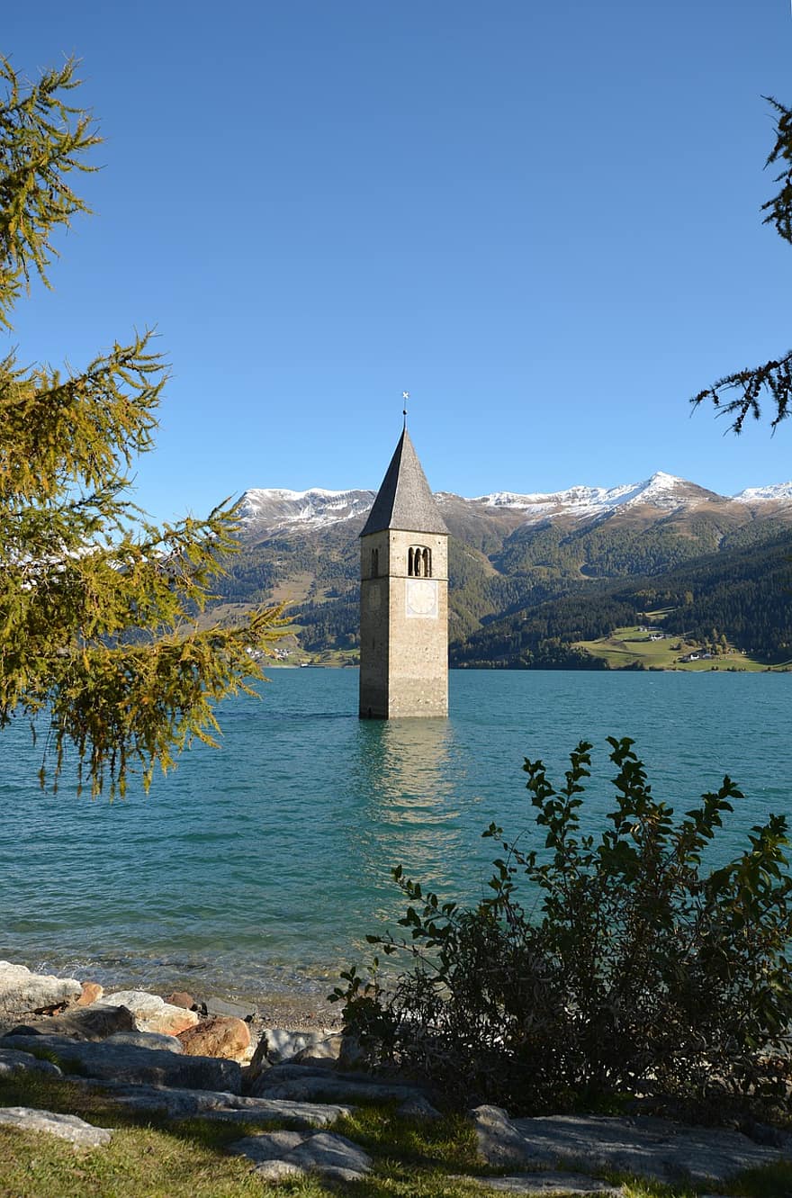 камбанария, езеро, планини, кула, църква, исторически, потопен, потънал, вода, природа, панорамен