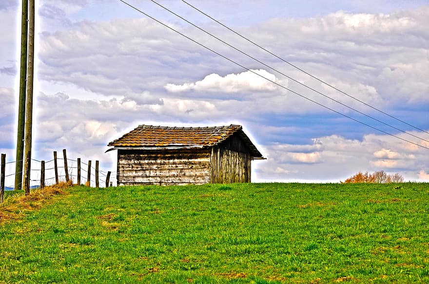 Hut, Meadow, Landscape, Nature, Barn, Rural, Field, Farm, House, Grass, Grasslands