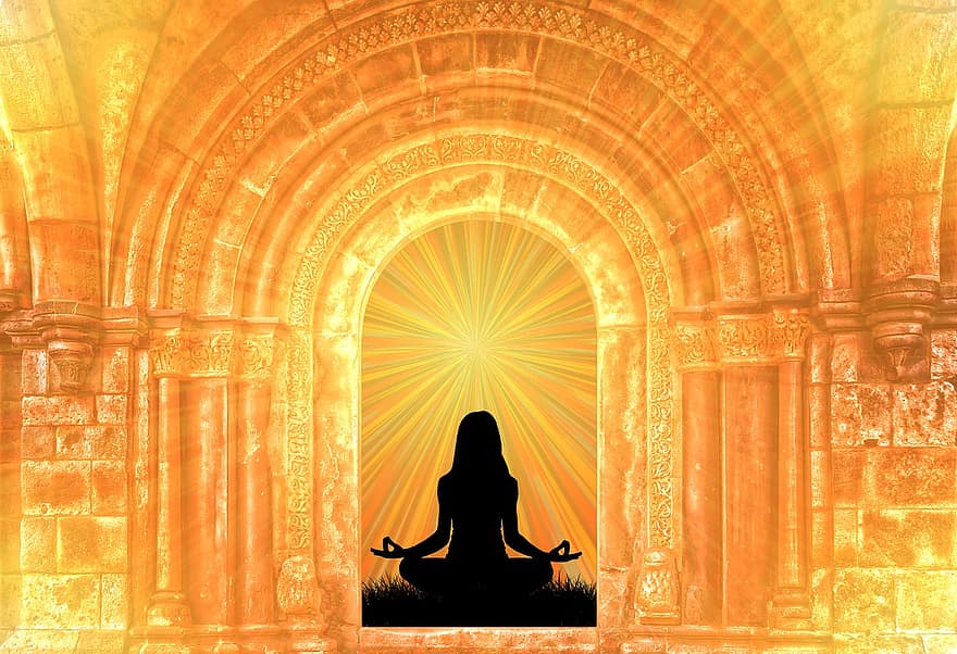 meditación, reflexión, mujer, persona, con las piernas cruzadas, puesta de sol, olas, círculos, centrar, trascendencia, trascendental