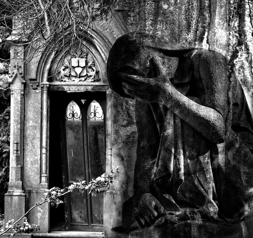 Mourning, Grief, Cemetery, Statue, Black White, Sculpture