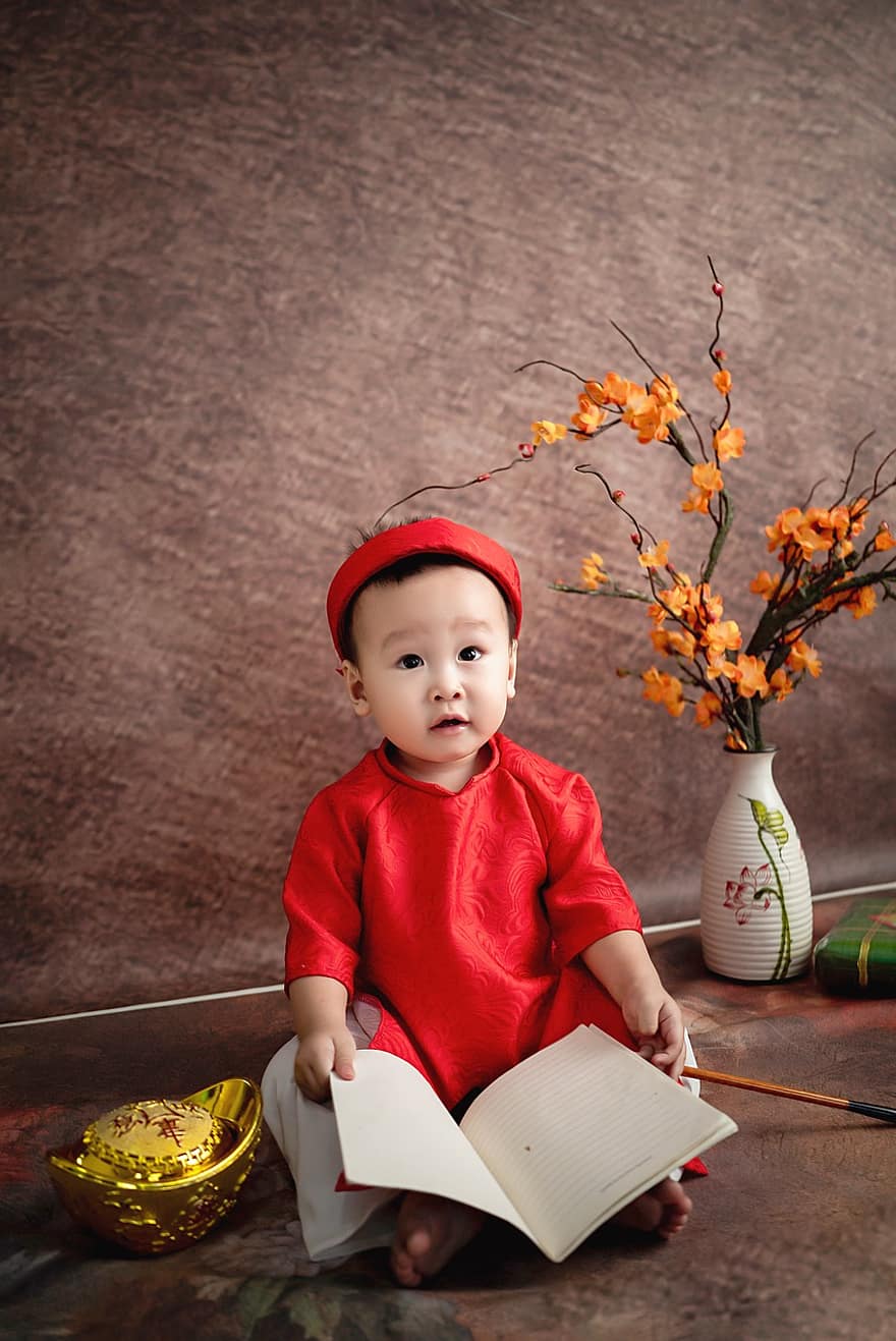barn, traditionell kostym, ao dai, bebis, ung, litet barn, tet, Tết Nguyên đán, Vietnamesiskt månnyår, vietnames, vietnam