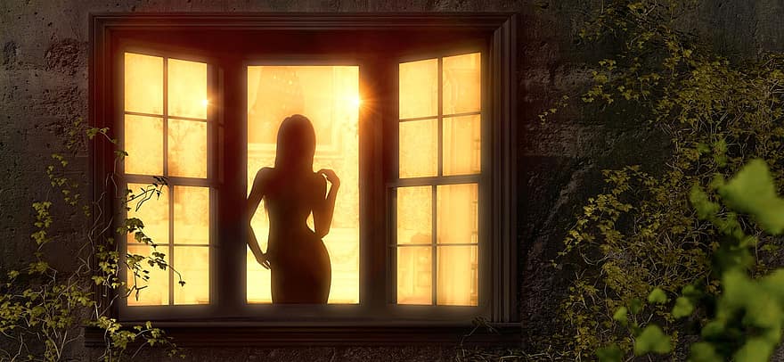 femme, la fenêtre, lumière, silhouette, nuit, foncé, appartement, ambiance, lierre, plante, contraste