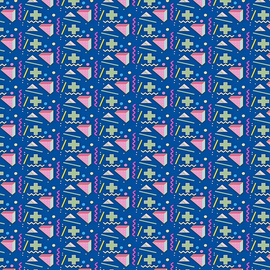 Memphis mønster, Digitalt papir fra 1980-tallet, 1980, Memphis, figurer, Åttitallsmønster, scrapbooking, sterke farger, rosa, blå, Dal-jente