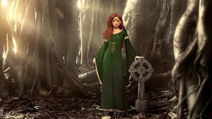 Fantazja, dziewczynka, krzyż, celtycki, drzewa, korzeń, światło, las, nastrój, mistyczny, tajemniczy