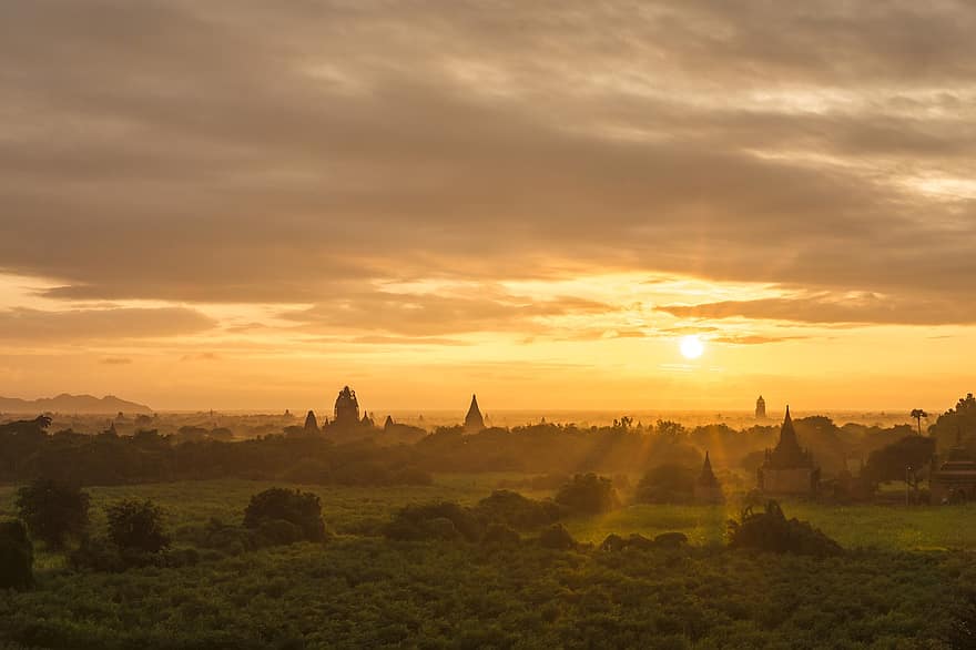 solnedgang, himmel, natur, udendørs, rejse, udforskning, landdistrikterne, myanmar, Bagan, burma, unesco