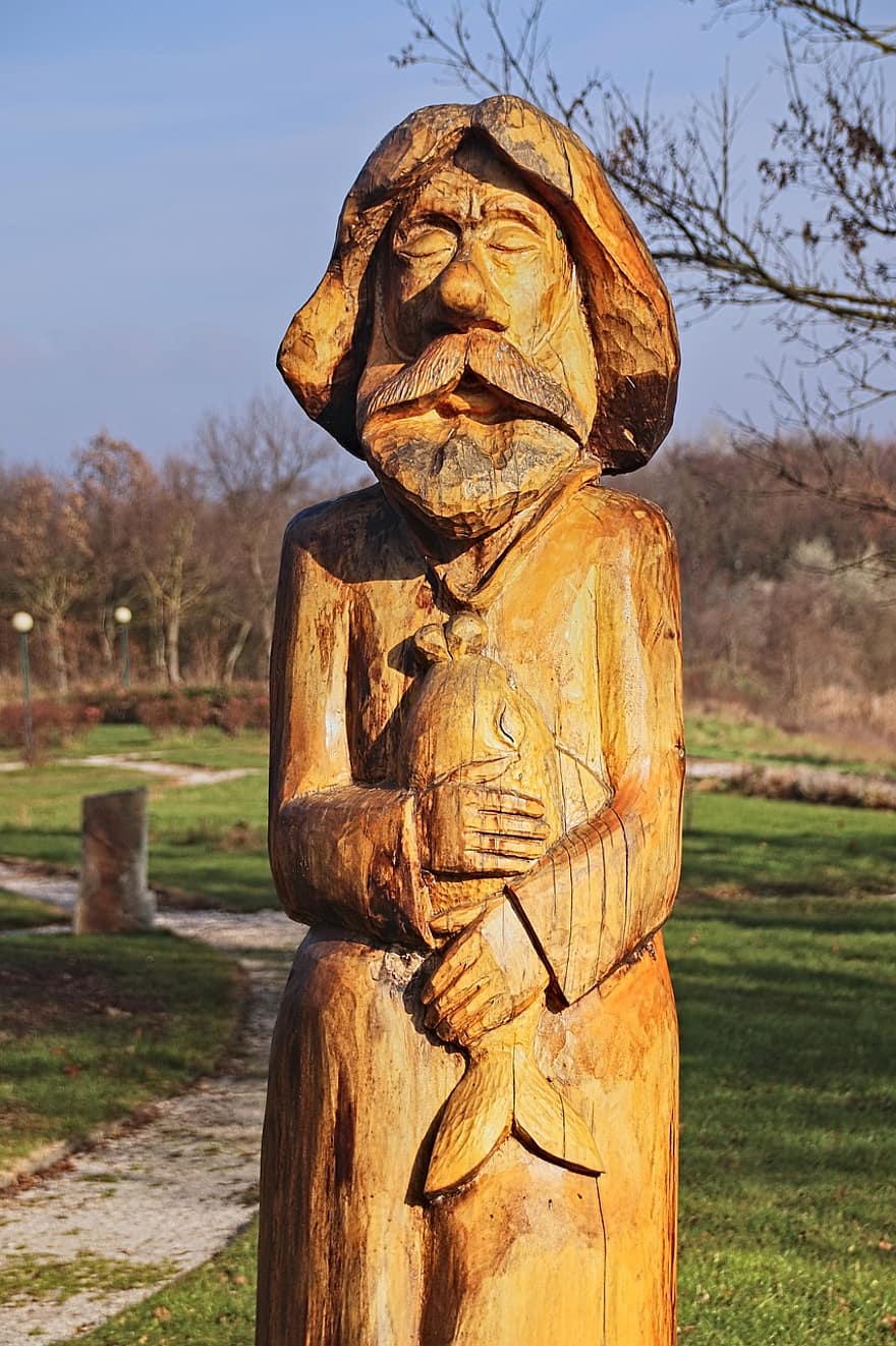 Estátua do pescador, Escultura de pescador, estátua de madeira, escultura em madeira