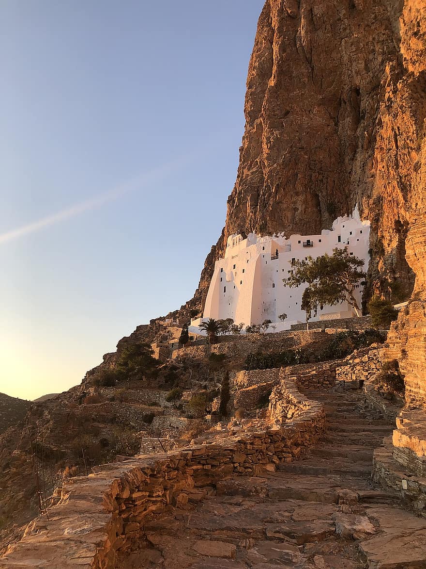 kolostor, napnyugta, földközi-tenger, kikládok, Amorgos, építészet, hegy, tájkép, kultúrák, szikla, utazás