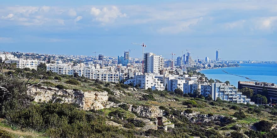 város, utazás, idegenforgalom, Ciprus, Limassol, építészet, városi, városkép, kék, tengerpart, épített szerkezet