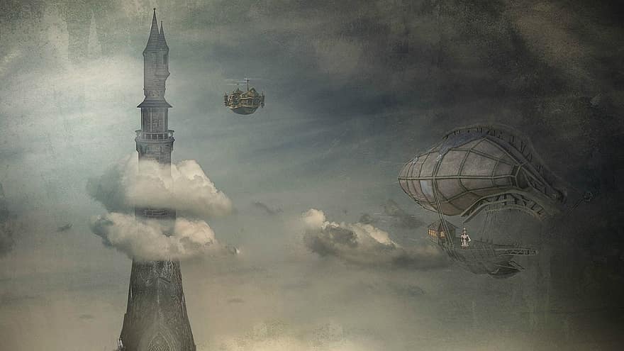 Fantasy, Steampunk, Tower, Airships, space, illustration, spaceship, science, technology, futuristic, rocket