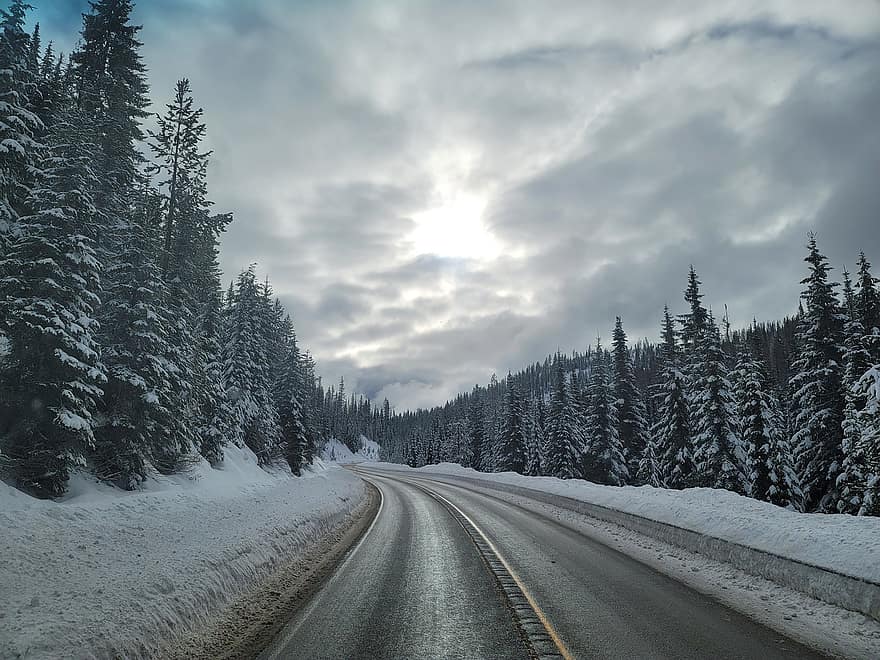 la carretera, autopista, arboles, bosque, montañas, nieve, escénico, escena, invierno